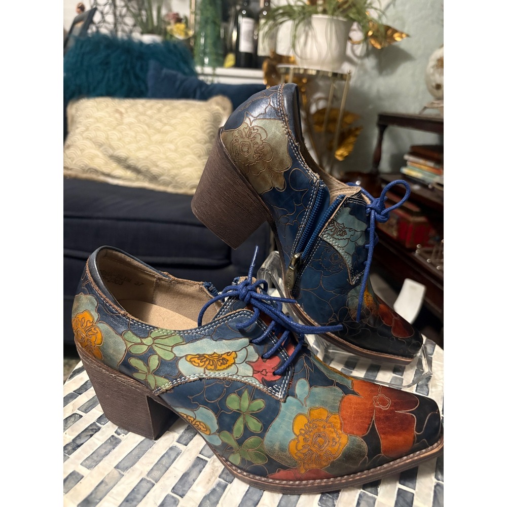 Spring Step L'Artiste Blue Floral Leather Lace-Up Ankle Boots EU 37 US 7 - Picture 5 of 15